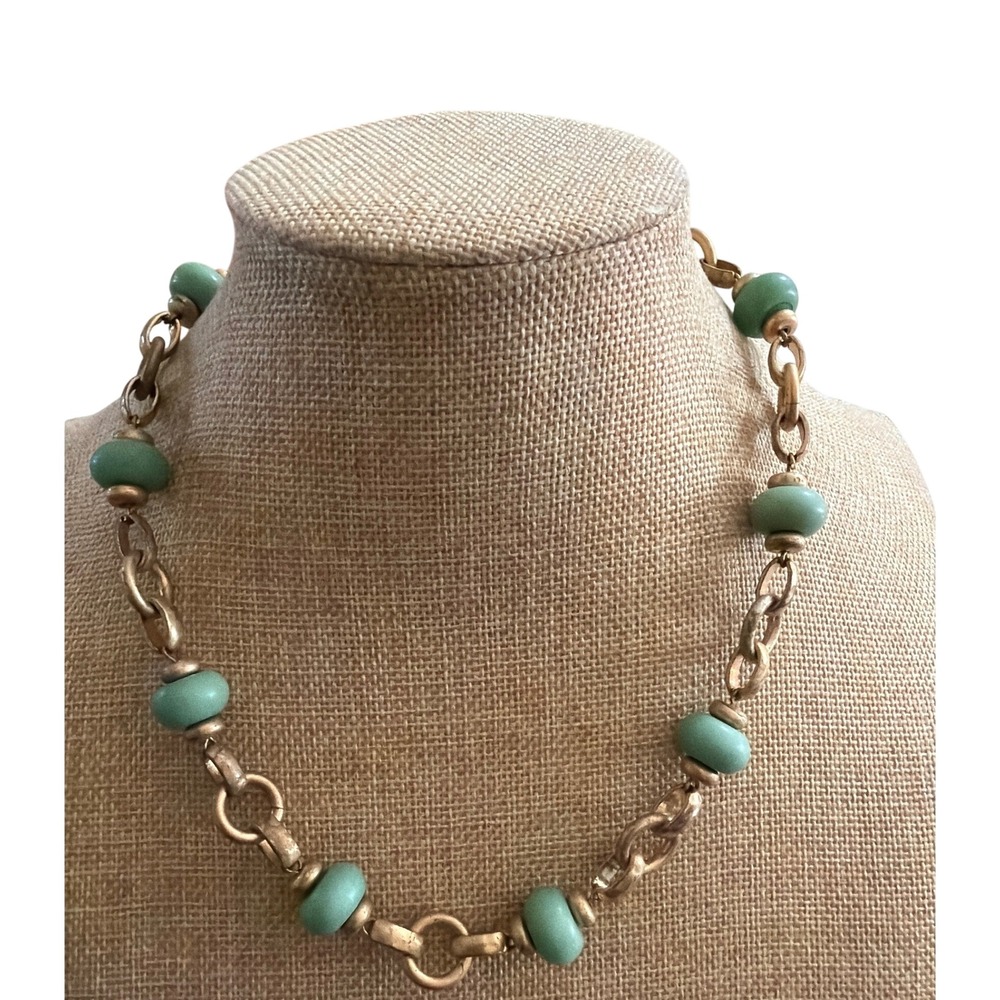 Sage Green Matte Resin Bead Gold Tone Link Chain Toggle Necklace Chunky Boho